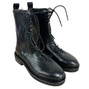 AllSaints NWOB Mina Leather Crocodile Effect Boots Black Size 9 Military Moto